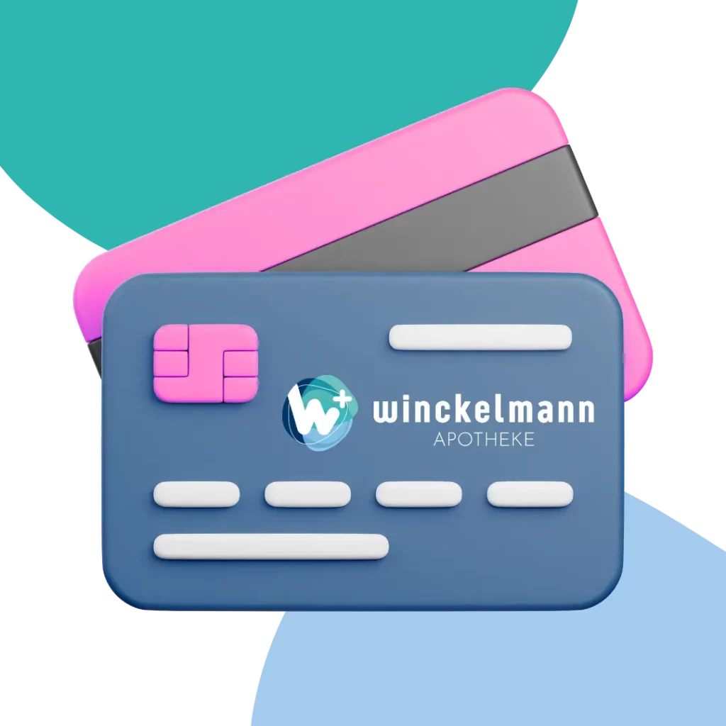 Haptische Kundenkarte mit dem Logo der Winckelmann Apotheke vor bunten geometrischen Formen.