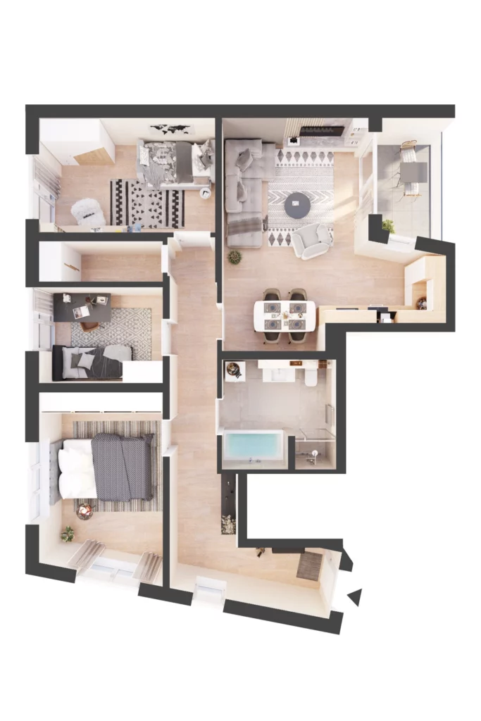 Möblierter Grundriss mit Wohn-Ess-Küche, Balkon, drei weiteren Zimmern, Abstellraum, Bad mit Wanne und Dusche sowie langem Flur.