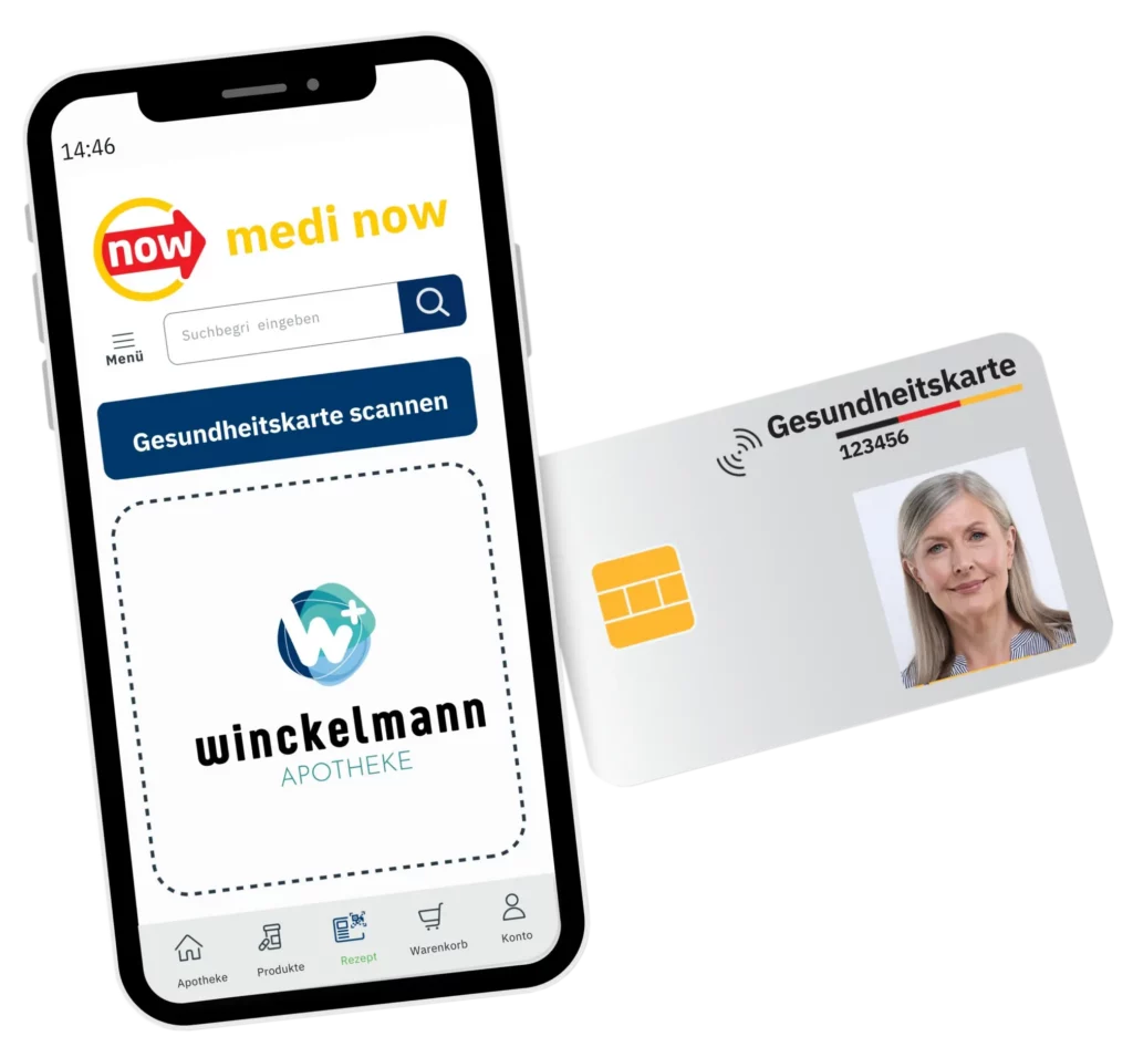 Smartphone mit der medi now App und der Schaltfläche „Gesundheitskarte scannen“, daneben eine Muster-Gesundheitskarte.