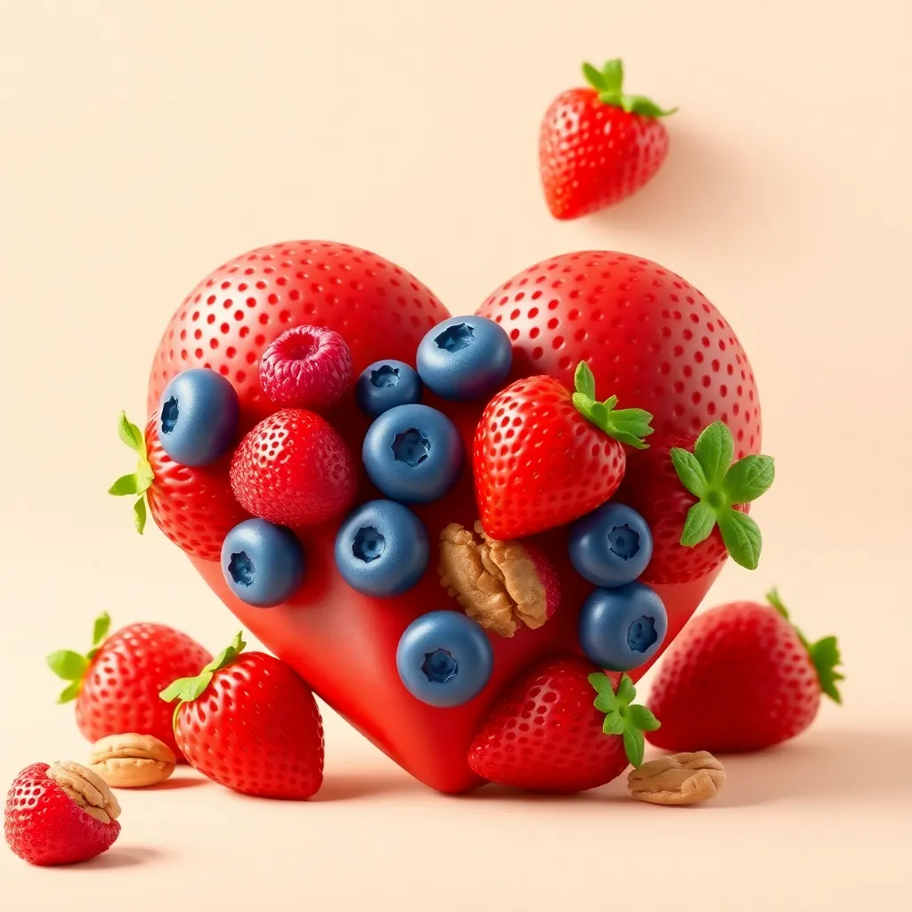 Erdbeeren, Blaubeeren, eine Himbeere und Walnusshälften sind zu einem Herzen angeordnet, auf cremefarbenem Hintergrund.