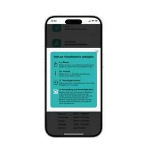 Smartphone mit einer Schritt-für-Schritt-Anleitung, wie man die Seite der Winckelmann Apotheke auf dem Startbildschirm ablegt, für iPhone und Android.