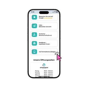 Smartphone mit dem Servicemenü der Winckelmann Apotheke: Google-Bewertung, Jobs, ärztlicher Bereitschaftsdienst, Notdienst-Apotheke, „Auf Smartphone ablegen“ und Öffnungszeiten.