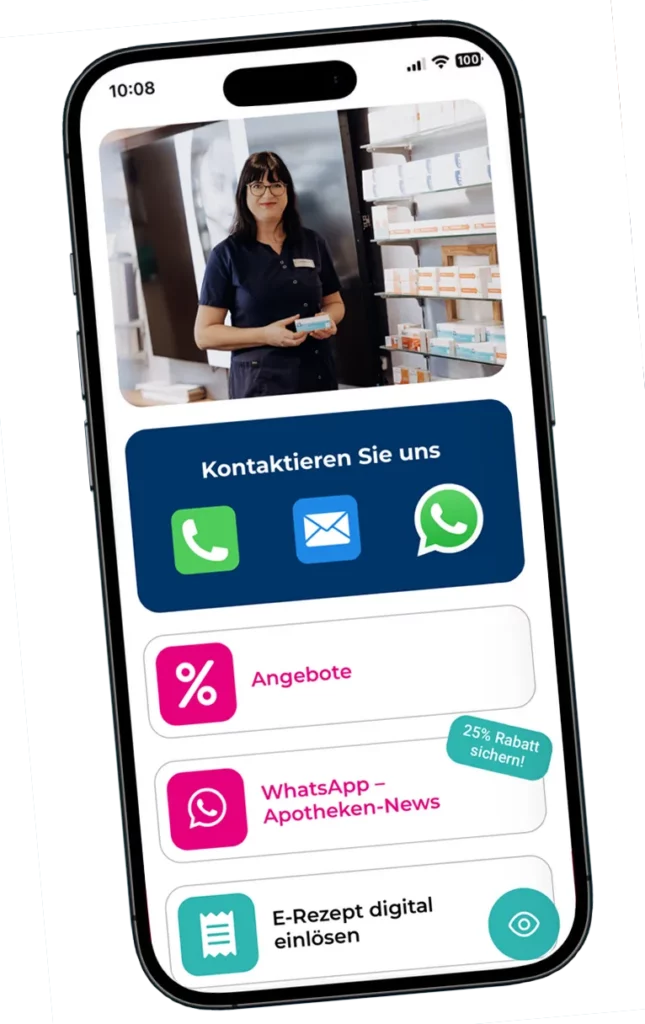 Smartphone mit der Winckelmann-App: Kontakt per Telefon, E-Mail oder WhatsApp, Angebote, WhatsApp-Apotheken-News und „E-Rezept digital einlösen“.