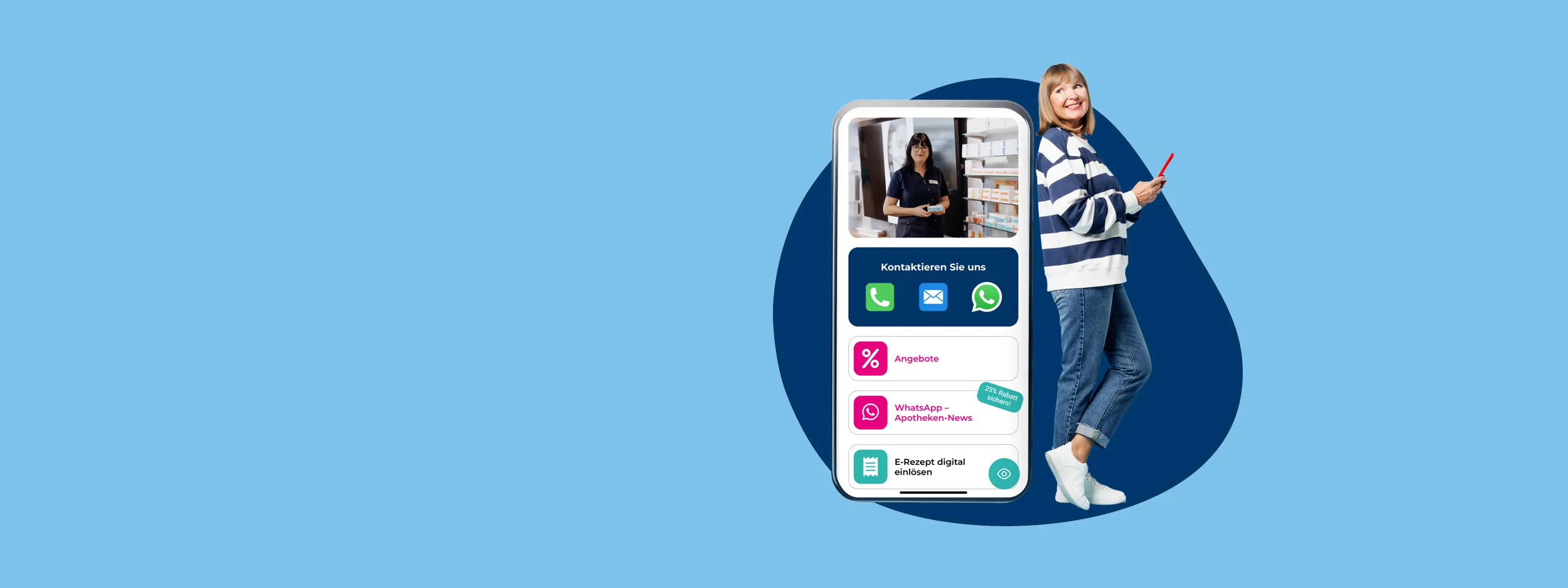 Smartphone mit der Winckelmann-App mit Kontakt, Angeboten, WhatsApp-News und E-Rezept, daneben eine lächelnde Frau mit Handy vor hellblauem Hintergrund.