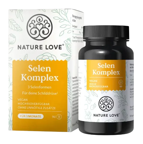 Umverpackung und Dose des Nahrungsergänzungsmittels Selen Komplex von Nature Love.
