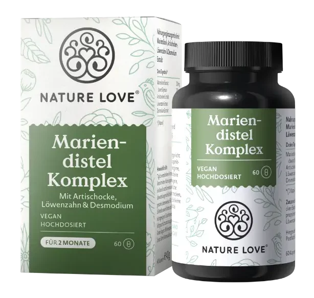 Umverpackung und Dose des Nahrungsergänzungsmittels Mariendistel Komplex mit Artischocke, Löwenzahn und Desmodium von Nature Love.