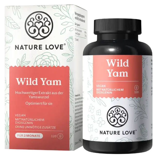 Umverpackung und Dose des Nahrungsergänzungsmittels Wild Yam mit Extrakt aus der Yamswurzel von Nature Love.