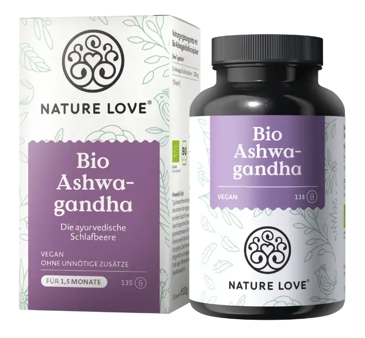 Umverpackung und Dose des Nahrungsergänzungsmittels Bio Ashwagandha von Nature Love.