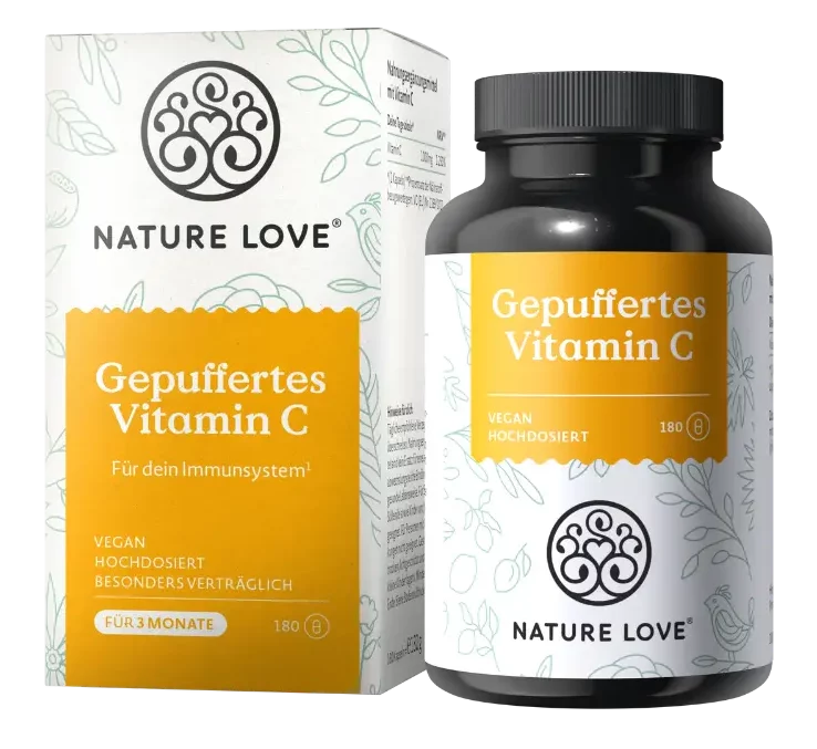 Umverpackung und Dose des Nahrungsergänzungsmittels Gepuffertes Vitamin C von Nature Love.