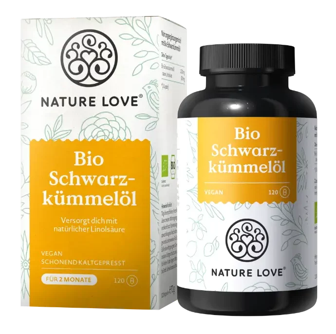 Umverpackung und Dose des Nahrungsergänzungsmittels Bio Schwarzkümmelöl von Nature Love.