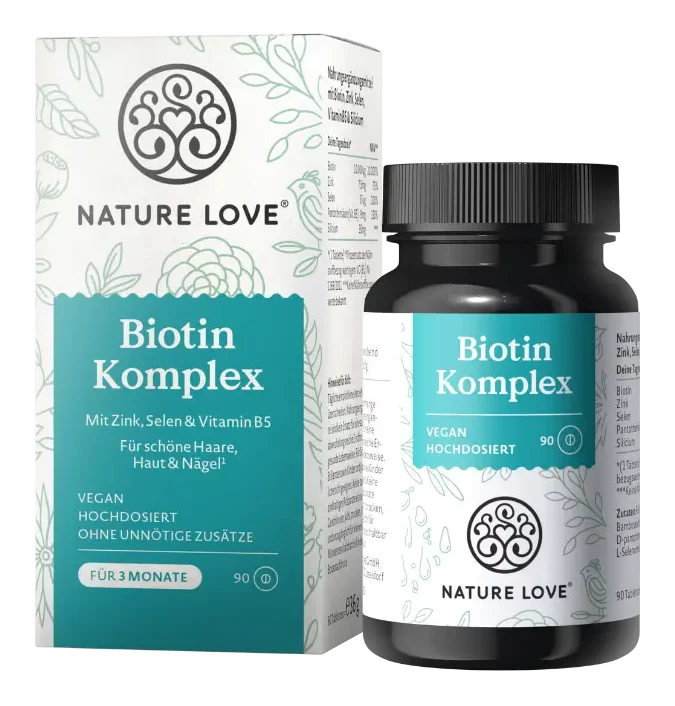Umverpackung und Dose des Nahrungsergänzungsmittels Biotin Komplex mit Zink, Selen und Vitamin B5 von Nature Love.