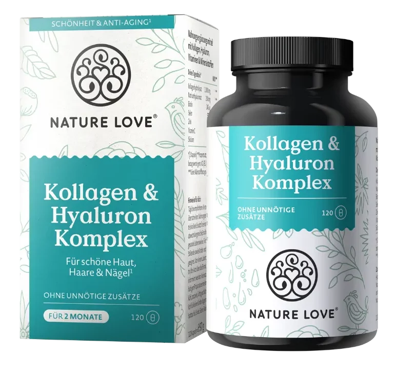 Umverpackung und Dose des Nahrungsergänzungsmittels Kollagen & Hyaluron Komplex von Nature Love.