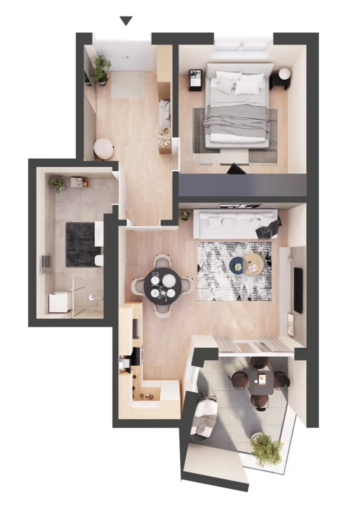 Möblierter Grundriss einer Zwei-Zimmer-Wohnung mit Flur, Schlafzimmer, Duschbad, Wohnbereich mit offener Küche und Balkon.