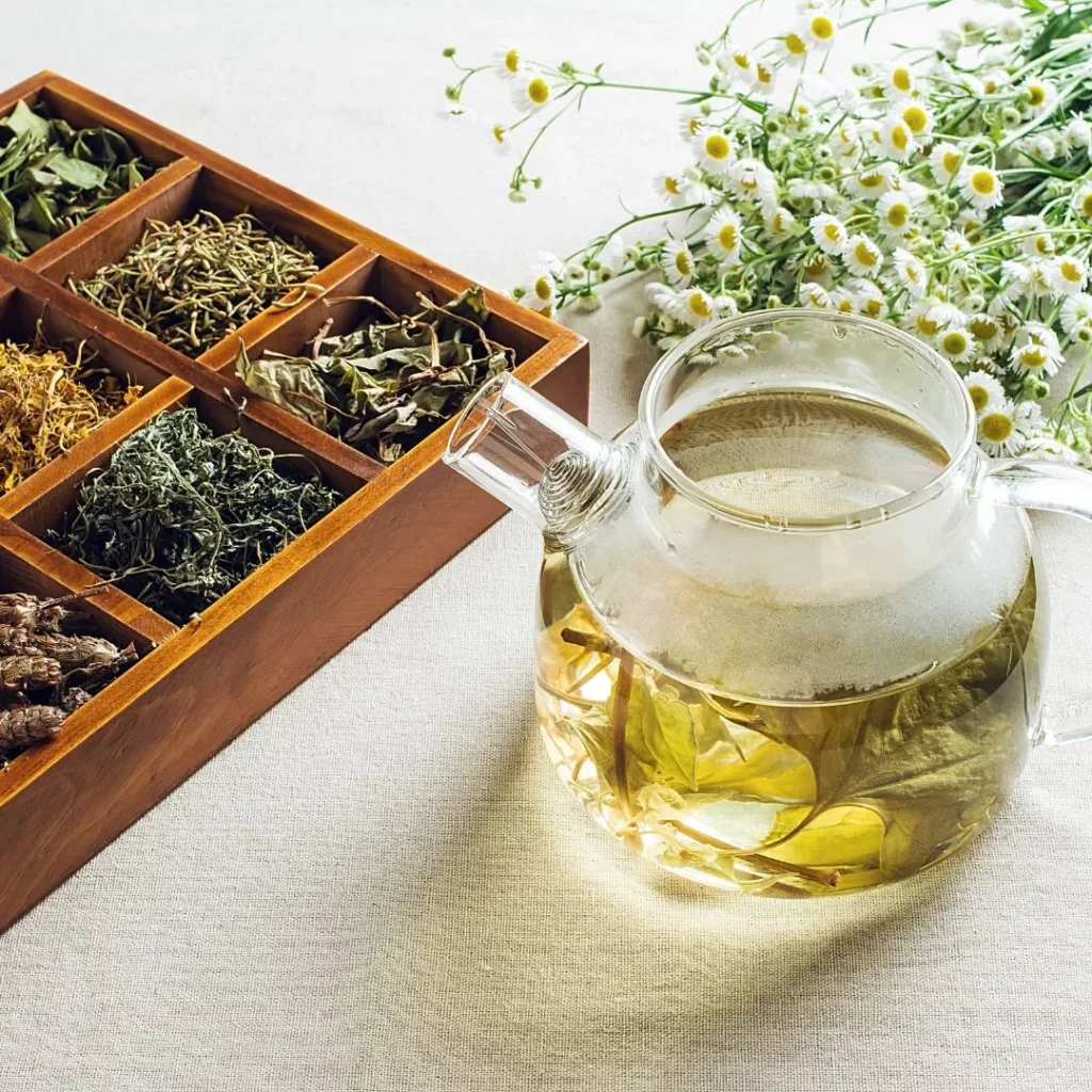 Eine gläserne Teekanne mit hellem Kräutertee steht neben einem Holzkasten mit getrockneten Kräutern und frischen Kamillenblüten.
