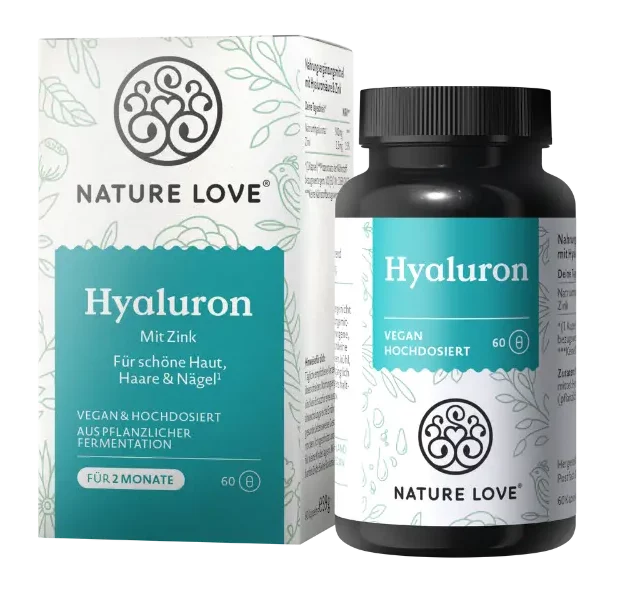 Umverpackung und Dose des Nahrungsergänzungsmittels Hyaluron mit Zink von Nature Love.