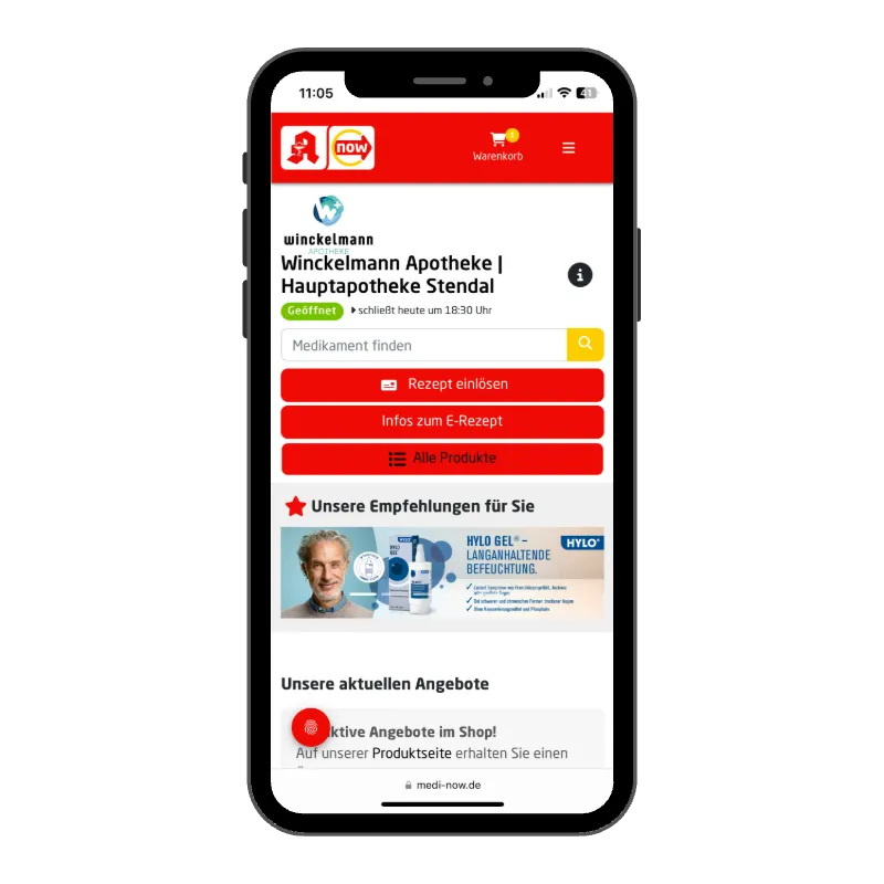 Smartphone mit der medi now Seite der Winckelmann Apotheke Stendal, mit Medikamentensuche und den Schaltflächen „Rezept einlösen“, „Infos zum E-Rezept“ und „Alle Produkte“.