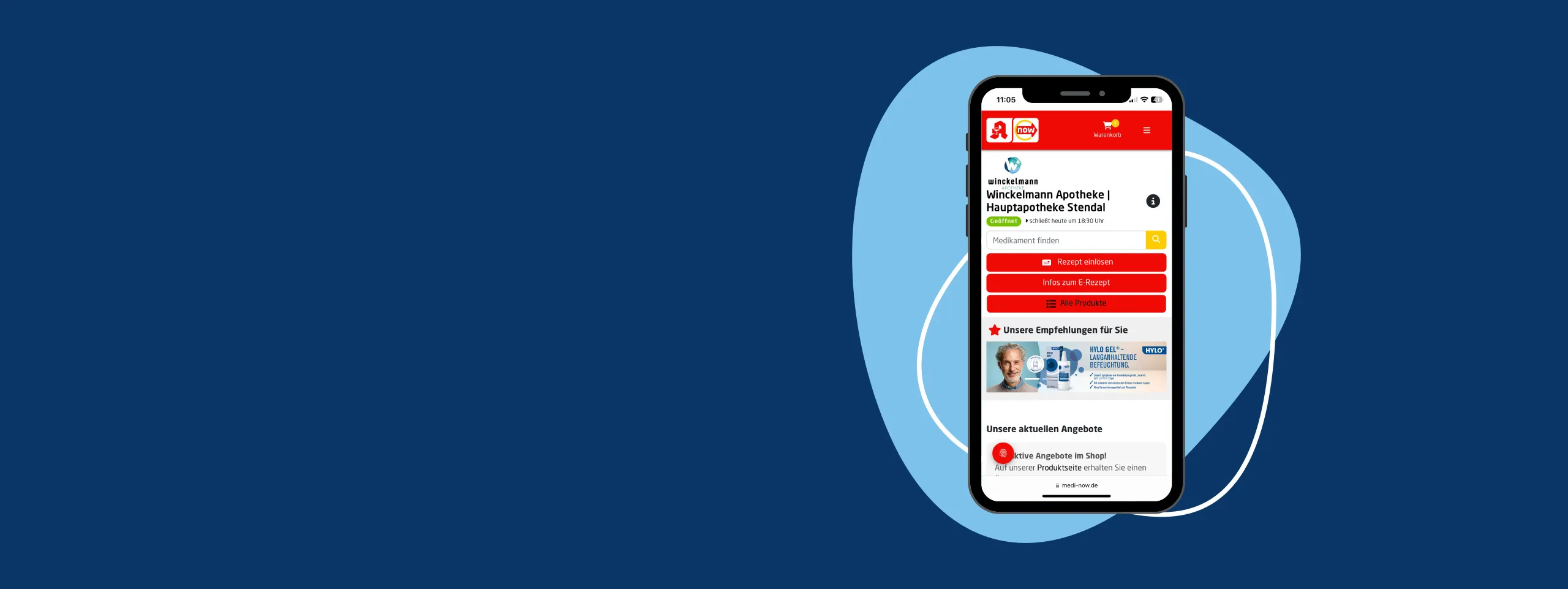 Smartphone mit der medi now Seite der Winckelmann Apotheke Stendal, mit Medikamentensuche und den Schaltflächen „Rezept einlösen“, „Infos zum E-Rezept“ und „Alle Produkte“.