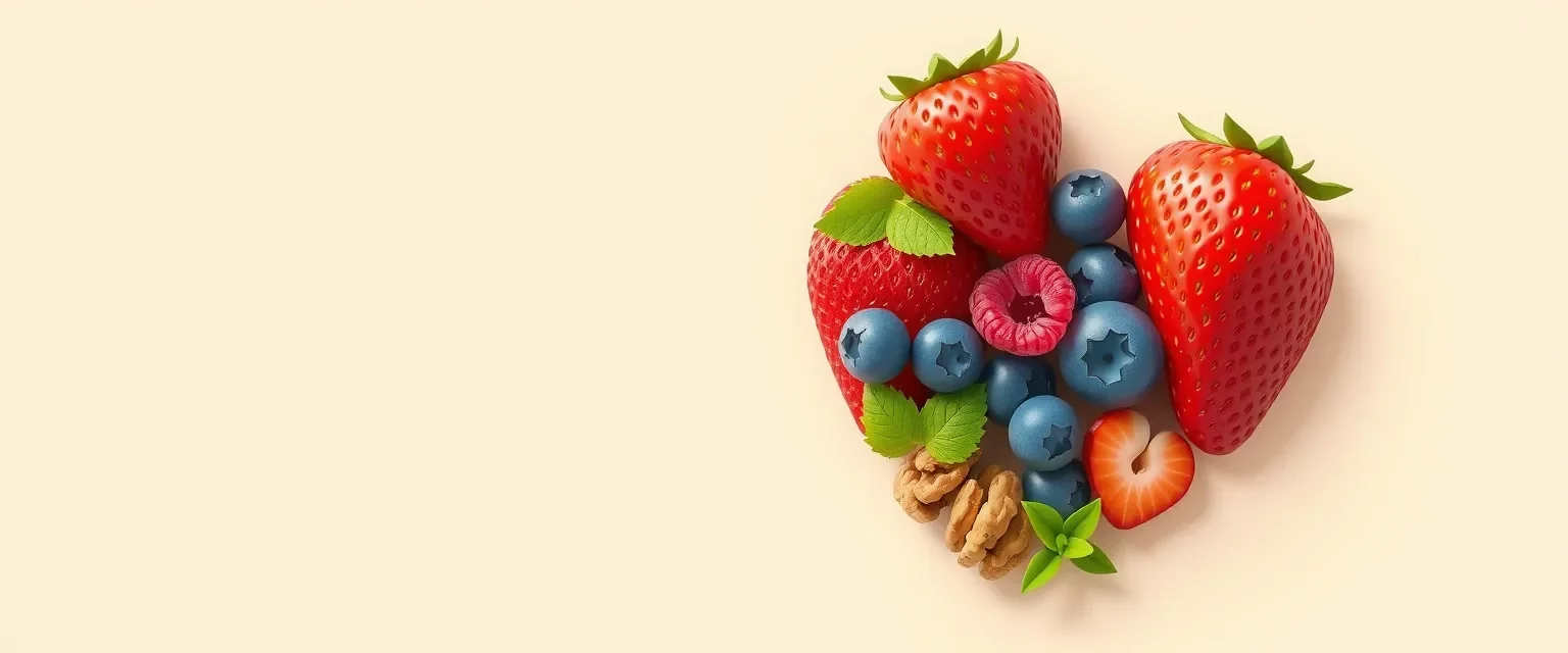 Erdbeeren, Heidelbeeren, eine Himbeere, Walnüsse und Minzblätter bilden ein Herz auf cremefarbenem Hintergrund.