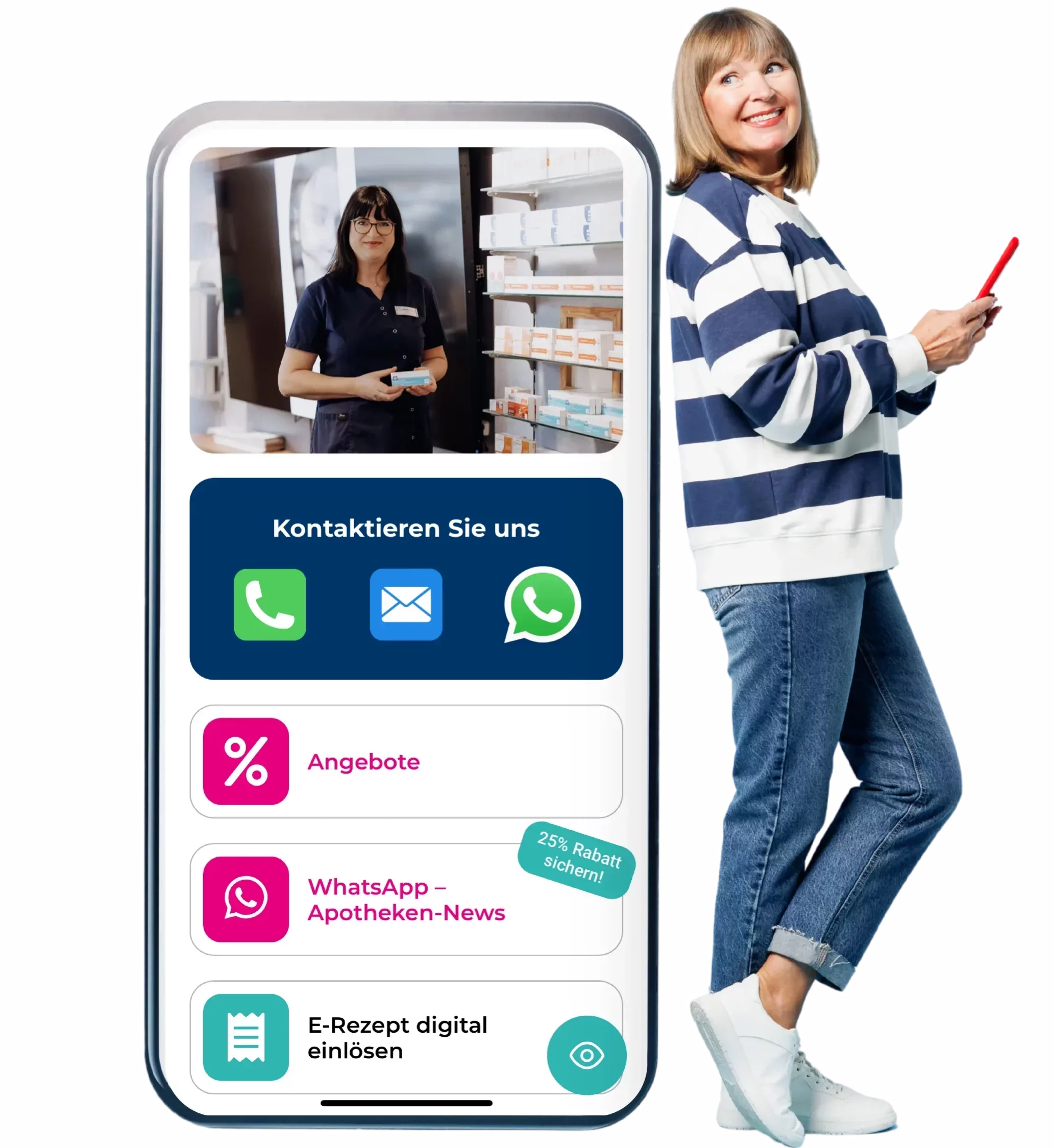 Übergroßes Smartphone mit der Winckelmann-App: Kontakt per Telefon, E-Mail oder WhatsApp, Angebote, WhatsApp-Apotheken-News und „E-Rezept digital einlösen“. Daneben lehnt eine lächelnde Frau mit Handy.